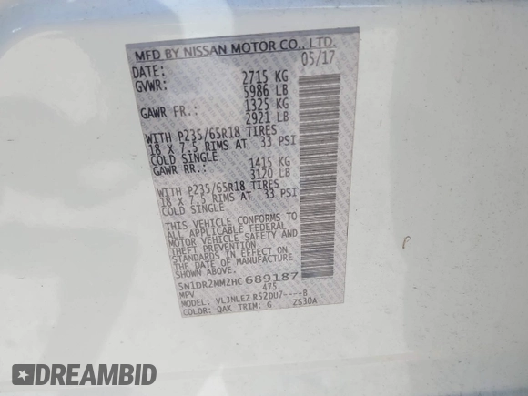 2017 Nissan Pathfinder SV with VIN 5N1DR2MM2HC689187, listed as a IAAI auction lot 41737686 with 103,024 mi miles and . Bid and sale history available at DreamBid. Image 9.