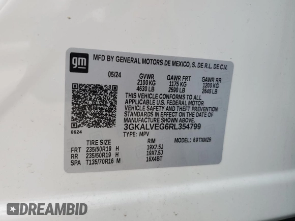 2024 GMC Terrain SLT with VIN 3GKALVEG6RL354799, listed as a Copart auction lot 56865005 with 12,837 mi miles and Salvage title. Bid and sale history available at DreamBid. Image 13.
