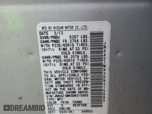 2013 Nissan Murano SV with VIN JN8AZ1MW3DW315865, listed as a Copart auction lot 58785425 with 118,112 mi miles and Salvage title. Bid and sale history available at DreamBid. Image 13.