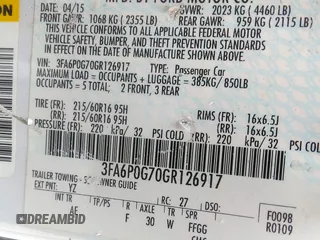 2016 Ford Fusion S with VIN 3FA6P0G70GR126917, listed as a IAAI auction lot 42163529 with 252,148 mi miles and . Bid and sale history available at DreamBid. Image 9.