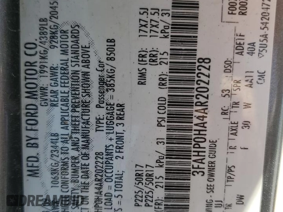 2010 Ford Fusion SE with VIN 3FAHP0HA4AR202228, listed as a Copart auction lot 53316265 with 193,900 mi miles and Salvage Title. Bid and sale history available at carsss.com. Image 15.