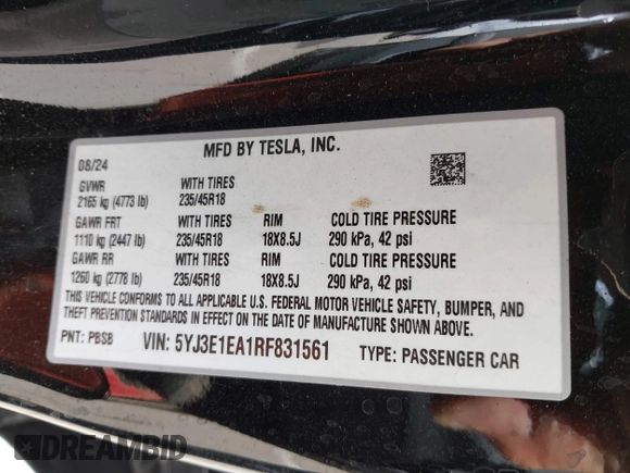 2024 Tesla Model 3 with VIN 5YJ3E1EA1RF831561, listed as a IAAI auction lot 41789046 with 13,603 mi miles. Bid and sale history available at carsss.com. Image 9.