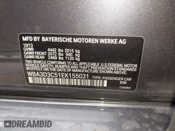 2014 BMW 3 Series 328d with VIN WBA3D3C51EK155031, listed as a IAAI auction lot 42149784 with 204,521 mi miles and . Bid and sale history available at carsss.com. Image 9.