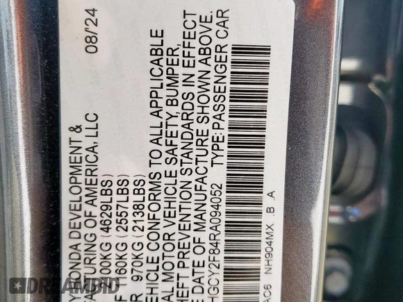 2024 Honda Accord Touring with VIN 1HGCY2F84RA094052, listed as a Copart auction lot 59328695 with 8,019 mi miles and Salvage title. Bid and sale history available at DreamBid. Image 12.