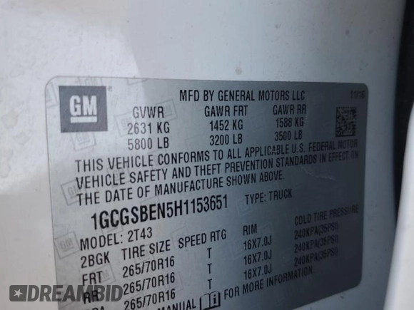 2017 Chevrolet Colorado 2WD WT z VIN 1GCGSBEN5H1153651, wystawiony jako Copart lot #67910024 z przebiegiem 73 191 mil mil oraz Szkoda całkowita • Salvage title. Historia ofert i sprzedaży dostępna na DreamBid. Obrazek 12.