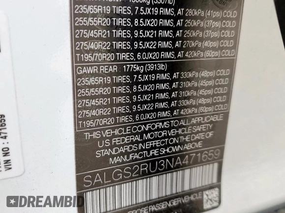 2022 Land Rover Range Rover Westminster with VIN SALGS2RU3NA471659, listed as a Copart auction lot 57286115 with 50,392 mi miles and Salvage title. Bid and sale history available at DreamBid. Image 13.