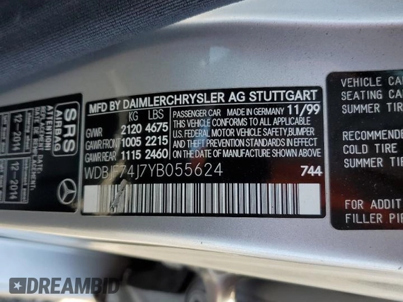 2000 Mercedes-Benz E with VIN WDBJF74J7YB055624, listed as a Copart auction lot 63880184 with 71,355 mi miles and Salvage Title. Bid and sale history available at DreamBid. Image 13.