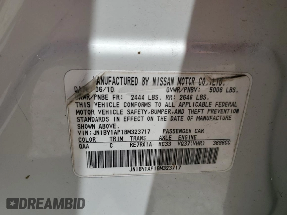 2011 Infiniti M37 with VIN JN1BY1AP1BM323717, listed as a Copart auction lot 60325524 with 155,508 mi miles and Salvage Title. Bid and sale history available at carsss.com. Image 12.