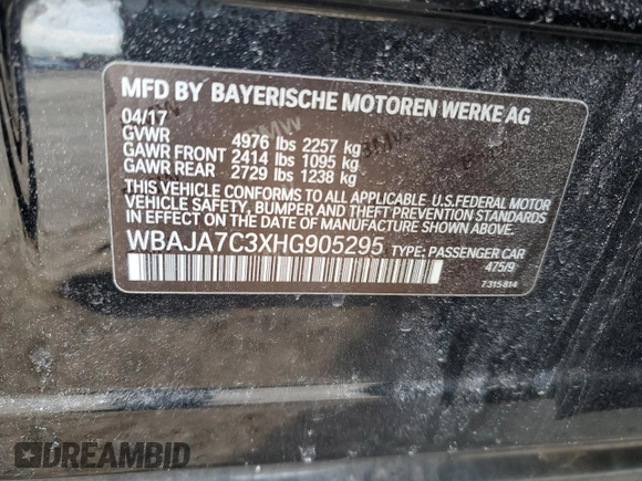 2017 BMW 5 Series 530i xDrive with VIN WBAJA7C3XHG905295, listed as a Copart auction lot 46812795 with 96,012 mi miles and Salvage Title. Bid and sale history available at carsss.com. Image 13.