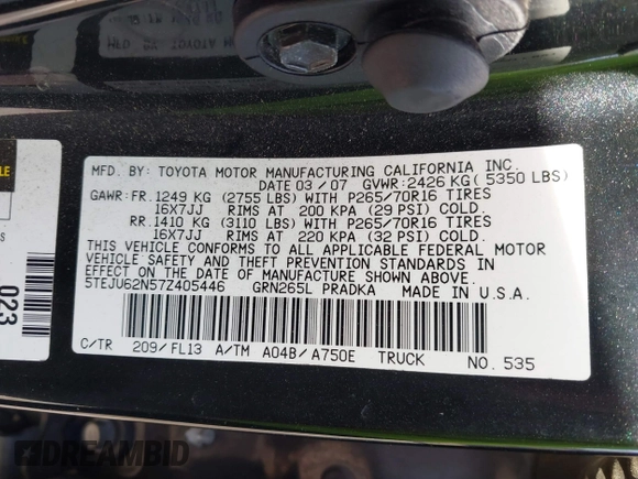2007 Toyota Tacoma PreRunner with VIN 5TEJU62N57Z405446, listed as a IAAI auction lot 41418628 with 181,230 mi miles and . Bid and sale history available at DreamBid. Image 9.