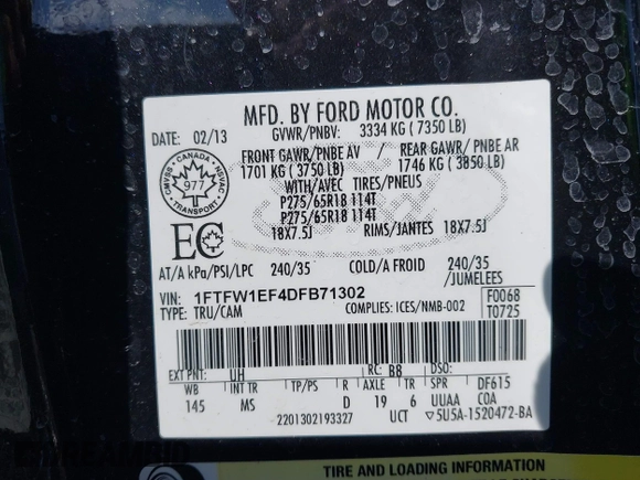 2013 Ford F-150 XL with VIN 1FTFW1EF4DFB71302, listed as a IAAI auction lot 41730141 with 71,818 mi miles. Bid and sale history available at carsss.com. Image 9.