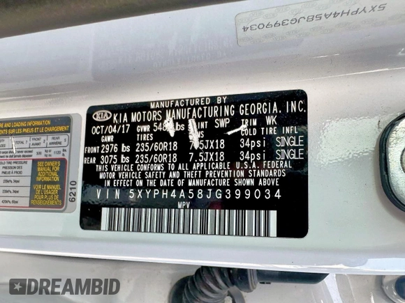 2018 Kia Sorento EX with VIN 5XYPH4A58JG399034, listed as a Copart auction lot 62614475 with 216,483 mi miles and Clean title. Bid and sale history available at DreamBid. Image 10.