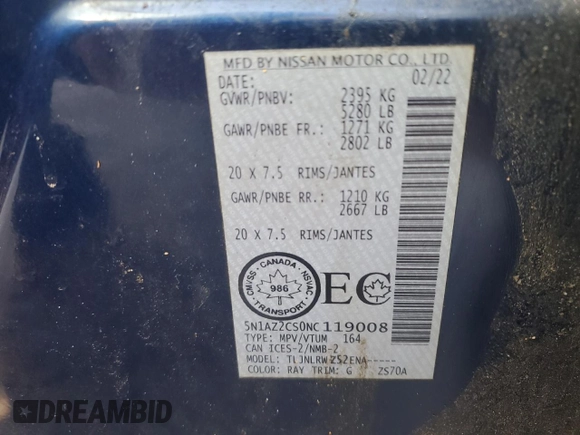 2022 Nissan Murano SL z VIN 5N1AZ2CS0NC119008, wystawiony jako Copart lot #52104105 z przebiegiem 51 651 mil mil oraz Szkoda całkowita • Salvage title. Historia ofert i sprzedaży dostępna na DreamBid. Obrazek 14.