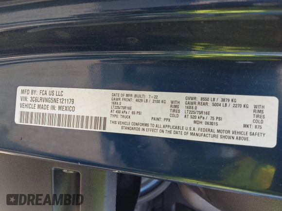 2022 Ram ProMaster Cargo with VIN 3C6LRVNG5NE121179, listed as a IAAI auction lot 41837218 with 35,190 mi miles and . Bid and sale history available at DreamBid. Image 9.