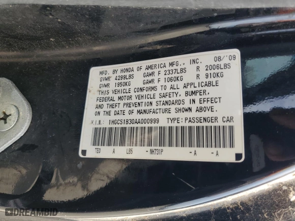 2010 Honda Accord Cpe LX-S with VIN 1HGCS1B30AA000999, listed as a Copart auction lot 52032225 with 228,279 mi miles and Salvage Title. Bid and sale history available at carsss.com. Image 12.
