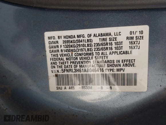 2010 Honda Odyssey EX-L with VIN 5FNRL3H61AB046416, listed as a IAAI auction lot 42157812 with 129,525 mi miles and . Bid and sale history available at DreamBid. Image 9.