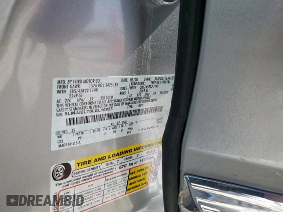 2020 Lincoln Navigator Reserve with VIN 5LMJJ2LT8LEL10853, listed as a Copart auction lot 63062835 with 21,305 mi miles and Salvage title. Bid and sale history available at DreamBid. Image 13.