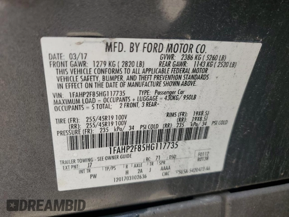 2017 Ford Taurus Limited with VIN 1FAHP2F85HG117735, listed as a Copart auction lot 57969205 with 116,052 mi miles and Clean title. Bid and sale history available at DreamBid. Image 12.