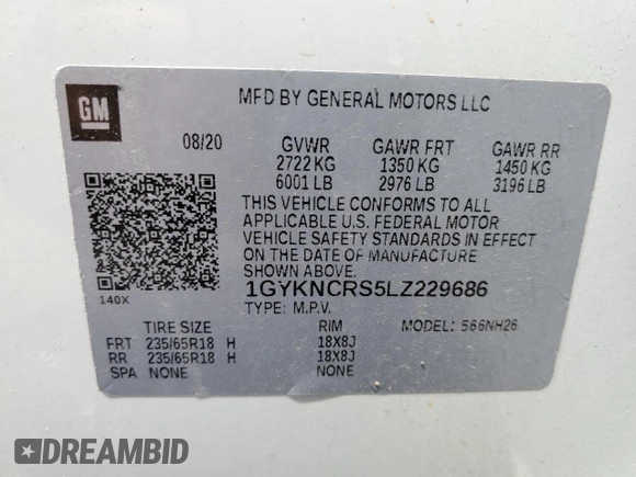 2020 Cadillac XT5 Premium Luxury FWD with VIN 1GYKNCRS5LZ229686, listed as a Copart auction lot 57391915 with 54,491 mi miles and Salvage title. Bid and sale history available at DreamBid. Image 13.