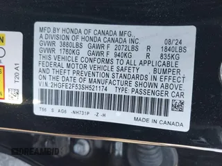 2025 Honda Civic Sedan Sport with VIN 2HGFE2F53SH521174, listed as a IAAI auction lot 41755429 with 3,456 mi miles. Bid and sale history available at carsss.com. Image 9.