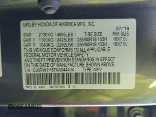 2019 Honda CR-V EX with VIN 5J6RW1H57KA044404, listed as a IAAI auction lot 41329013 with 45,923 mi miles. Bid and sale history available at carsss.com. Image 9.