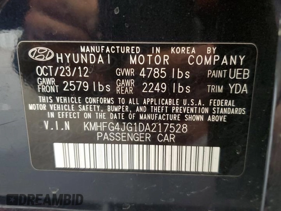 2013 Hyundai Azera z VIN KMHFG4JG1DA217528, wystawiony jako Copart lot #56123655 z przebiegiem 148 606 mil mil oraz Szkoda całkowita • Salvage title. Historia ofert i sprzedaży dostępna na DreamBid. Obrazek 13.