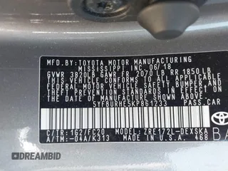 2019 Toyota Corolla L z VIN 5YFBURHE5KP861233, wystawiony jako IAAI lot #42388008 z przebiegiem 131 243 mil mil oraz . Historia ofert i sprzedaży dostępna na DreamBid. Obrazek 9.