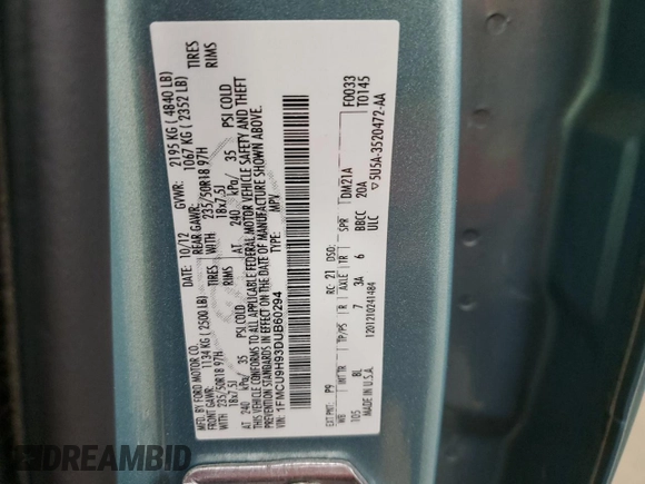 2013 Ford Escape SEL with VIN 1FMCU9H93DUB60294, listed as a Copart auction lot 50298645 with 200,954 mi miles and Salvage Title. Bid and sale history available at DreamBid. Image 13.