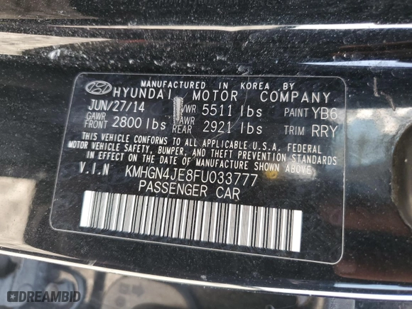 2015 Hyundai Genesis 3.8L with VIN KMHGN4JE8FU033777, listed as a Copart auction lot 79618654 with 0 mi miles and Salvage Title. Bid and sale history available at carsss.com. Image 12.
