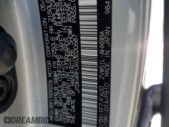2016 Toyota Prius Four with VIN JTDKARFUXG3020687, listed as a Copart auction lot 54978585 with 102,598 mi miles and Salvage Title. Bid and sale history available at carsss.com. Image 12.