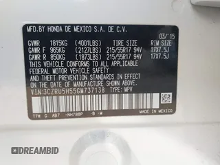 2016 Honda HR-V EX with VIN 3CZRU5H55GM737138, listed as a IAAI auction lot 41521356 with 140,307 mi miles. Bid and sale history available at carsss.com. Image 9.
