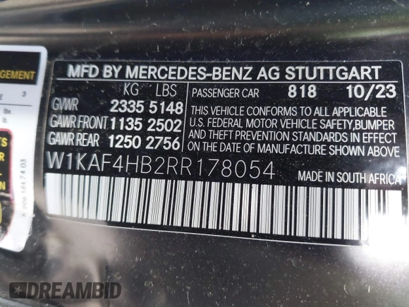 2024 Mercedes-Benz C 300 with VIN W1KAF4HB2RR178054, listed as a IAAI auction lot 42434925 with 16,016 mi miles and . Bid and sale history available at DreamBid. Image 9.