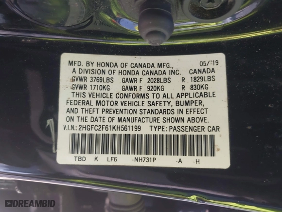 2019 Honda Civic Sedan LX with VIN 2HGFC2F61KH561199, listed as a IAAI auction lot 41754093 with 43,779 mi miles. Bid and sale history available at carsss.com. Image 9.
