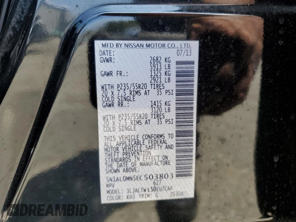 2014 Infiniti QX60 with VIN 5N1AL0MN5EC503803, listed as a Copart auction lot 59817765 with 106,968 mi miles and Salvage title. Bid and sale history available at DreamBid. Image 13.