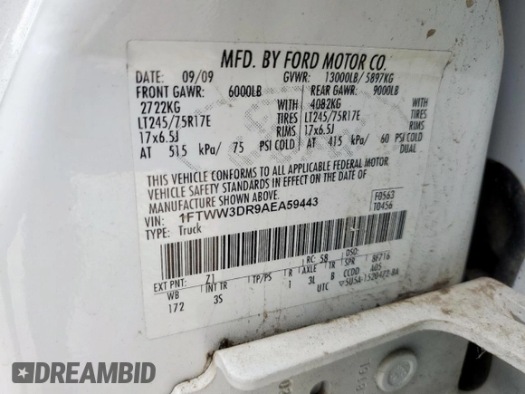2010 Ford F-350 XL with VIN 1FTWW3DR9AEA59443, listed as a Copart auction lot 61190545 with 147,998 mi miles and Salvage title. Bid and sale history available at DreamBid. Image 12.
