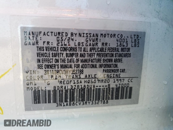 2024 Nissan Sentra SV with VIN 3N1AB8CV3RY352788, listed as a Copart auction lot 54801595 with 28,453 mi miles and Clean Title. Bid and sale history available at DreamBid. Image 13.