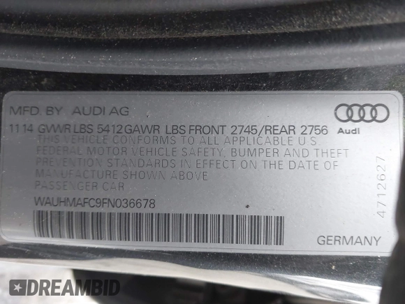 2015 Audi A6 3.0L TDI Prestige with VIN WAUHMAFC9FN036678, listed as a IAAI auction lot 41741472 with 87,932 mi miles. Bid and sale history available at carsss.com. Image 9.