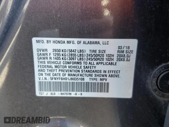 2018 Honda Pilot Elite с VIN 5FNYF6H01JB035108, выставлен на аукционе Copart как лот 56334025 с пробегом 63 898 миль миль и Списание • Salvage title. История ставок и продаж доступна на DreamBid. Изображение 13.