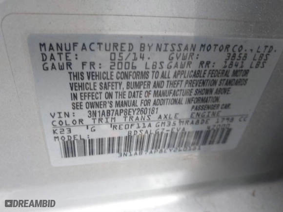 2014 Nissan Sentra SV with VIN 3N1AB7AP8EY260181, listed as a IAAI auction lot 41897517 with 174,384 mi miles. Bid and sale history available at carsss.com. Image 9.