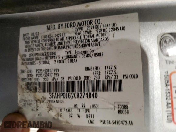 2012 Ford Fusion SEL with VIN 3FAHP0JG2CR274840, listed as a Copart auction lot 62123135 with 122,517 mi miles and Salvage title. Bid and sale history available at DreamBid. Image 13.