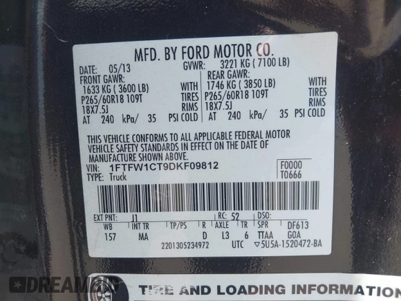 2013 Ford F-150 XL with VIN 1FTFW1CT9DKF09812, listed as a IAAI auction lot 42831062 with 86,846 mi miles and . Bid and sale history available at DreamBid. Image 9.