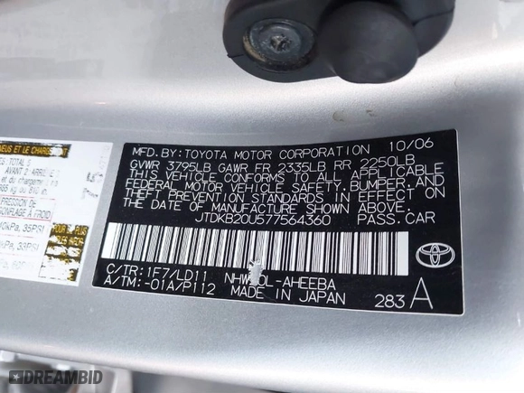 2007 Toyota Prius with VIN JTDKB20U577564360, listed as a IAAI auction lot 41851497 with 277,369 mi miles. Bid and sale history available at carsss.com. Image 9.
