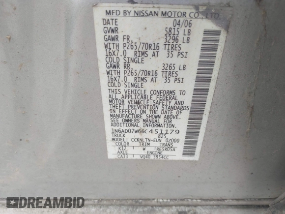 2006 Nissan Frontier SE with VIN 1N6AD07W66C451179, listed as a IAAI auction lot 42320667 with 210,610 mi miles and . Bid and sale history available at DreamBid. Image 9.