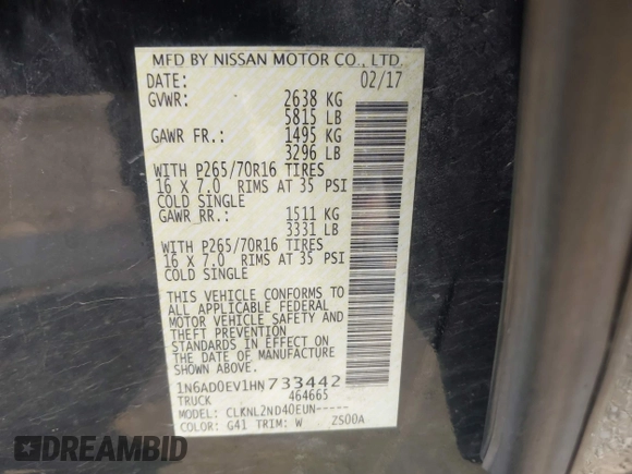 2017 Nissan Frontier Pro-4X with VIN 1N6AD0EV1HN733442, listed as a IAAI auction lot 42646495 with 80,124 mi miles and . Bid and sale history available at DreamBid. Image 9.