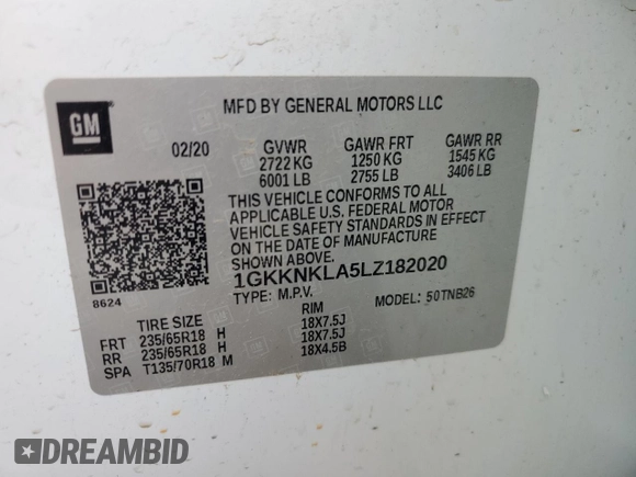 2020 GMC Acadia SLE with VIN 1GKKNKLA5LZ182020, listed as a Copart auction lot 58253525 with 125,429 mi miles and Salvage title. Bid and sale history available at DreamBid. Image 14.