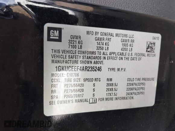 2010 GMC Yukon Denali with VIN 1GKUCEEF4AR235246, listed as a IAAI auction lot 41686326 with 299,687 mi miles. Bid and sale history available at carsss.com. Image 9.