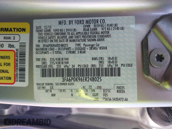 2014 Ford Fusion Titanium with VIN 3FA6P0K96ER248025, listed as a IAAI auction lot 42189061 with 64,351 mi miles and . Bid and sale history available at DreamBid. Image 9.