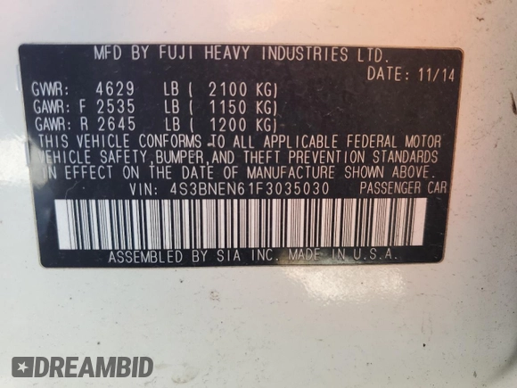 2015 Subaru Legacy 3.6R Limited with VIN 4S3BNEN61F3035030, listed as a Copart auction lot 49065655 with 113,308 mi miles and Salvage Title. Bid and sale history available at carsss.com. Image 12.