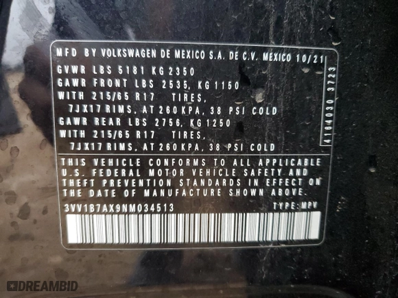 2022 Volkswagen Tiguan S with VIN 3VV1B7AX9NM034513, listed as a Copart auction lot 43019025 with 71,010 mi miles and Salvage Title. Bid and sale history available at carsss.com. Image 16.