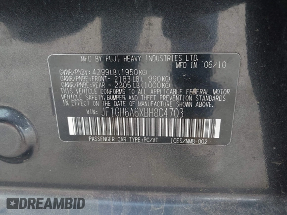 2011 Subaru Impreza 2.5i z VIN JF1GH6A6XBH804703, wystawiony jako IAAI lot #42365225 z przebiegiem 91 809 mil mil oraz . Historia ofert i sprzedaży dostępna na DreamBid. Obrazek 9.